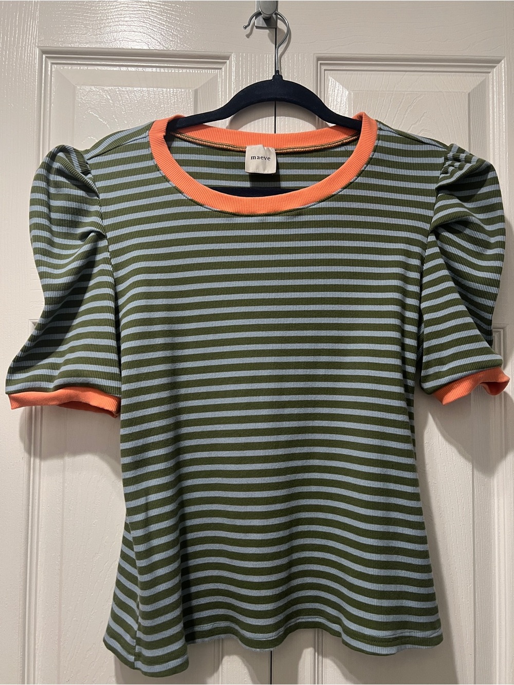 Maeve Olive and Light Blue Striped Puff Sleeve Top with Orange Trim